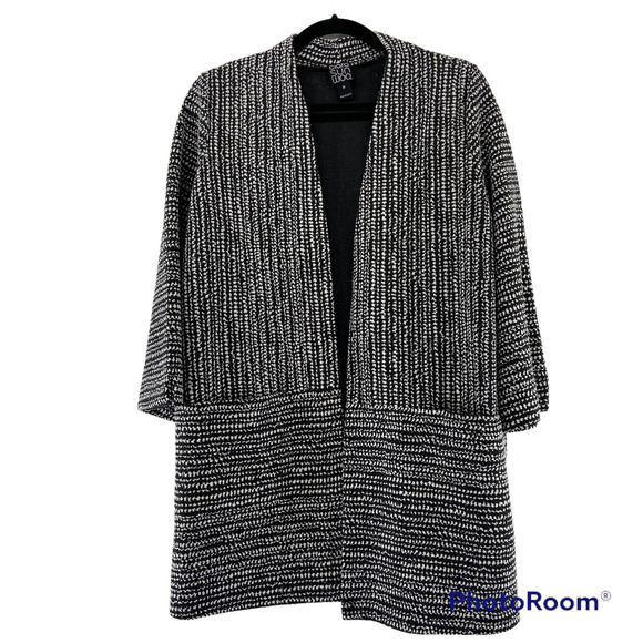 Clara Sun Woo Long Open Front Cardigan Sz Medium Black Print Pockets - Picture 1 of 8